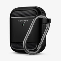 ASD01117 - Apple AirPods 1 / 2 Case Rugged Armor in matte black showing the front and side with carabiner